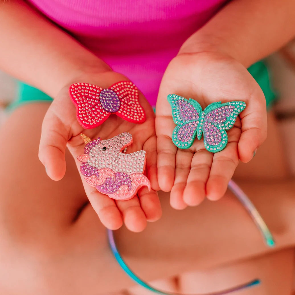 Rhinestone Charm Headband & Hair Clips - Unicorn/Butterfly/Bow - Frog Sac
