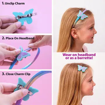 Rhinestone Charm Headband & Hair Clips - Unicorn/Butterfly/Bow - Frog Sac